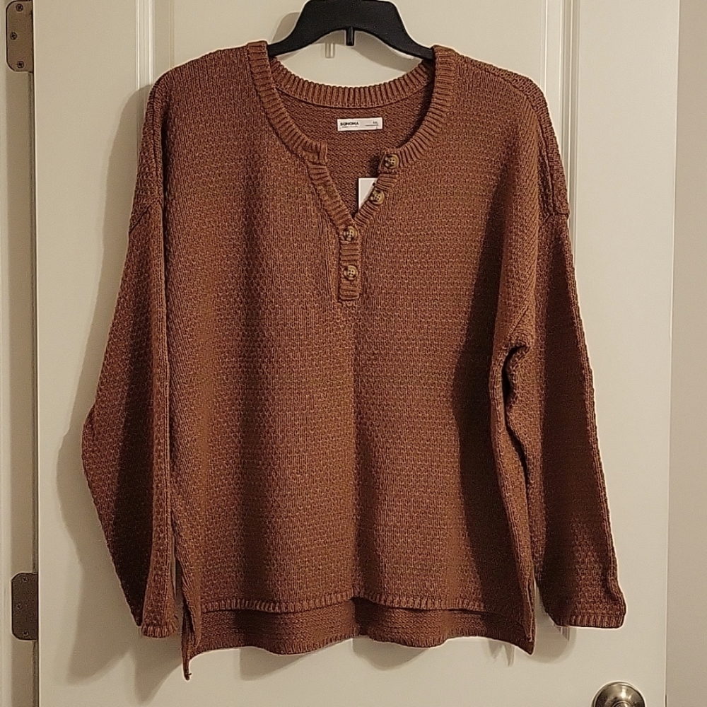 Sonoma Women's pullover sweater w/buttons, L/S, XXL, brown/puebla. NWT